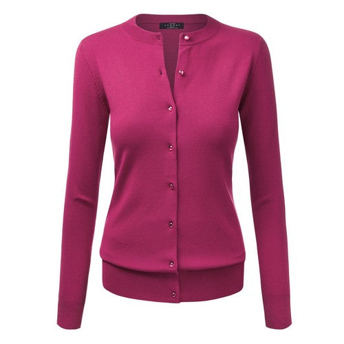 WSK781 Pearl Button Crew Neck Cardigan in Magenta