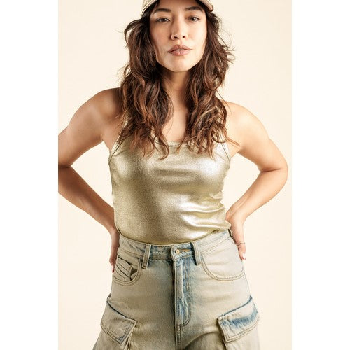 Metallic Rib Tank Top in Gold