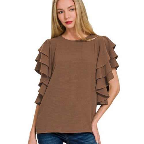 QT-7137Y Multi-Tiered Ruffle Sleeve Top in Brown