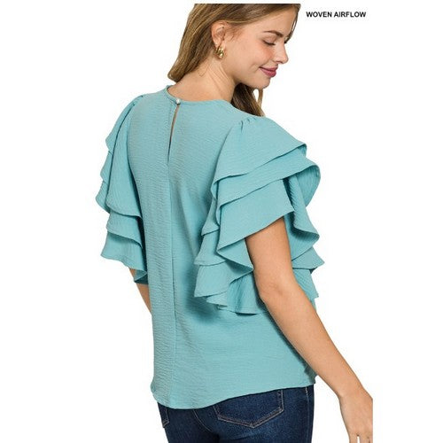 Multi-Tiered Ruffle Sleeve Top in Dusty Teal
