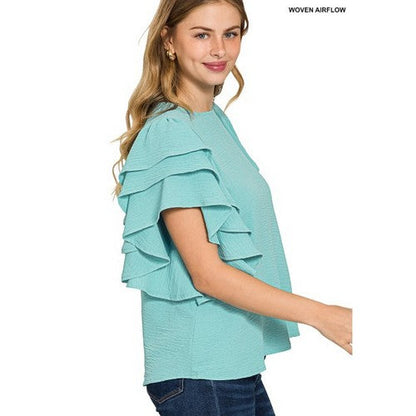 Multi-Tiered Ruffle Sleeve Top in Dusty Teal
