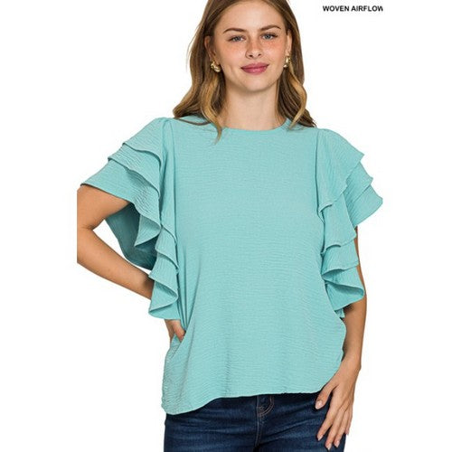 QT-7137Y Multi-Tiered Ruffle Sleeve Top in Dusty Teal