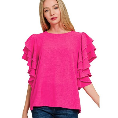 QT-7137Y Multi-Tiered Ruffle Sleeve Top in Hot Pink