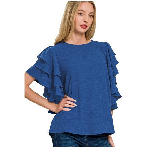 QT-7137Y Multi-Tiered Ruffle Sleeve Top in Light  Navy