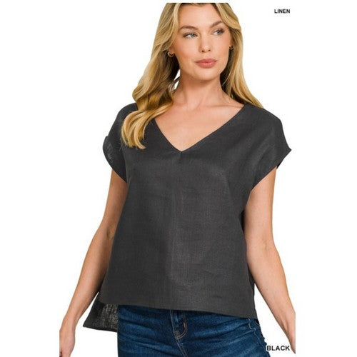QLT-7344Y 100% Linen Sleeveless Boxy Top in Black