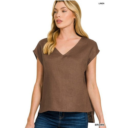 QLT-7344Y 100% Linen Sleeveless Boxy Top in Brown