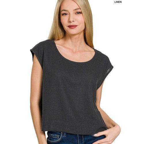 QT-7328Y Linen Sleeveless Top in Black