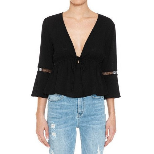 74140 Tie Front Plunge Bell Sleeve Blouse in Black