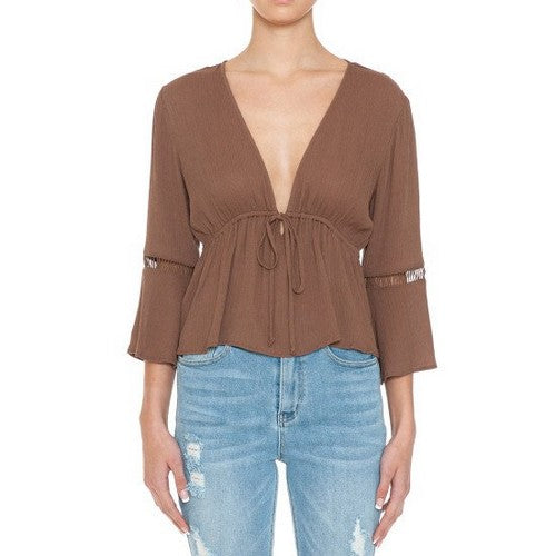 74140 Tie Front Plunge Bell Sleeve Blouse in Chestnut