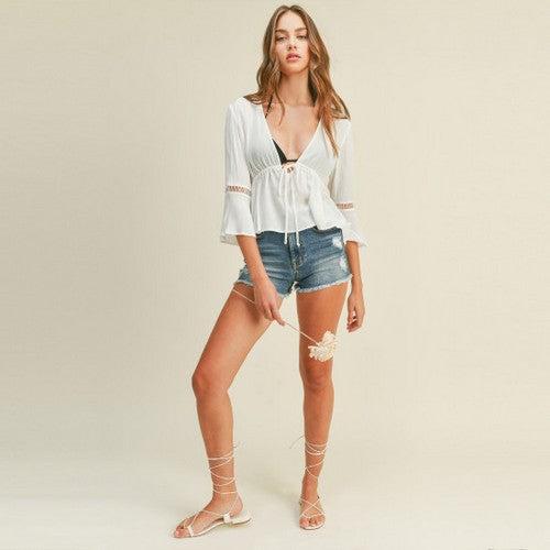 Tie Front Plunge Bell Sleeve Blouse in Off White