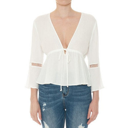 74140 Tie Front Plunge Bell Sleeve Blouse in Off White