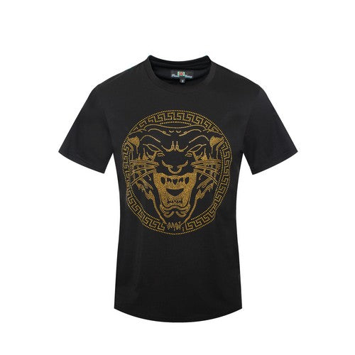 Lion Head Rhinestone Stretch Jersey in Black & Gold