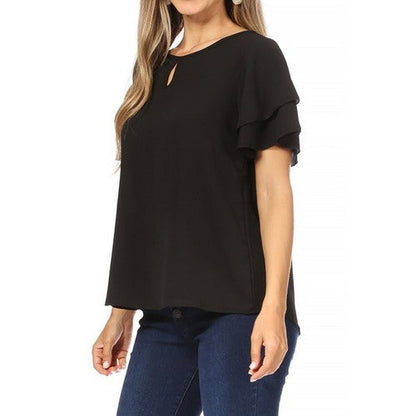 Ruffle Sleeve Keyhole Blouse in Black