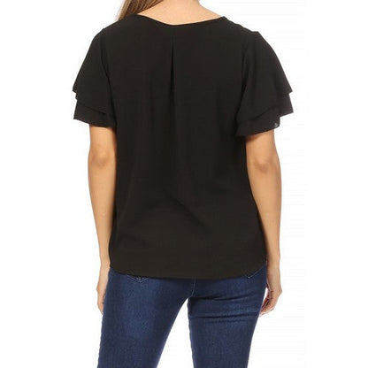 Ruffle Sleeve Keyhole Blouse in Black