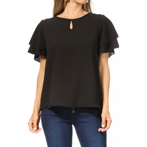 NWMB2393 Ruffle Sleeve Keyhole Blouse in Black