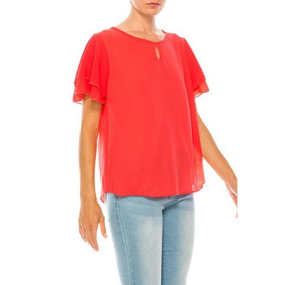 Ruffle Sleeve Keyhole Blouse in Coral Red