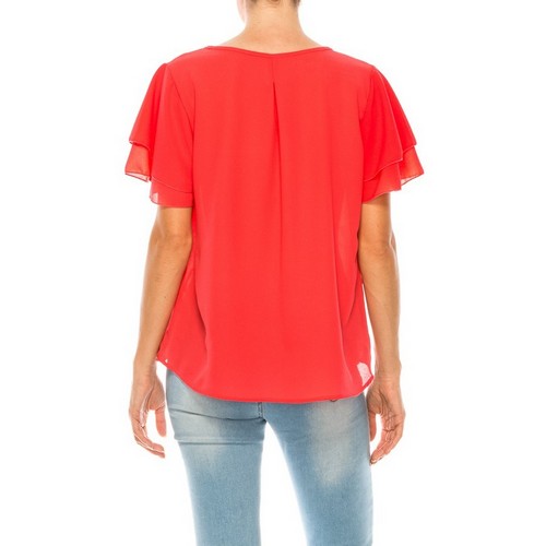 Ruffle Sleeve Keyhole Blouse in Coral Red