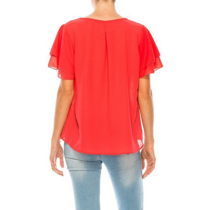 Ruffle Sleeve Keyhole Blouse in Coral Red