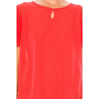 Ruffle Sleeve Keyhole Blouse in Coral Red