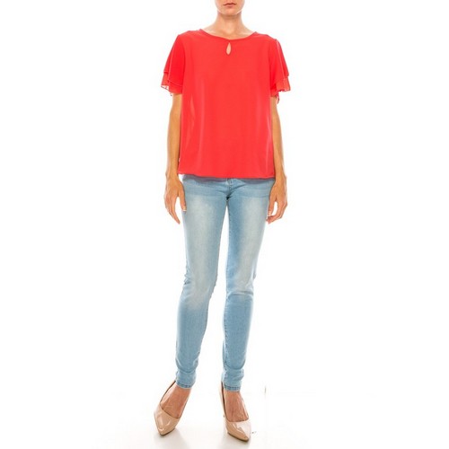 Ruffle Sleeve Keyhole Blouse in Coral Red