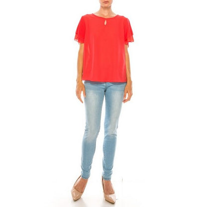 Ruffle Sleeve Keyhole Blouse in Coral Red