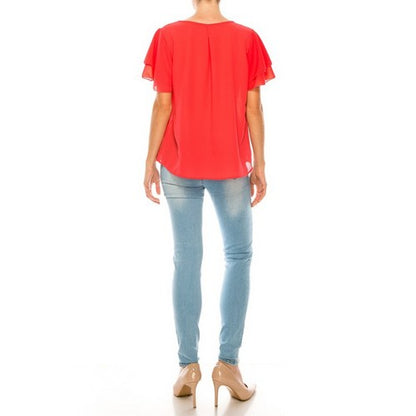 Ruffle Sleeve Keyhole Blouse in Coral Red
