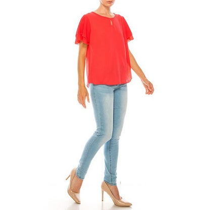 Ruffle Sleeve Keyhole Blouse in Coral Red