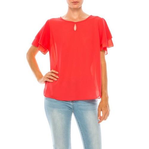 NWMB2393 Ruffle Sleeve Keyhole Blouse in Coral