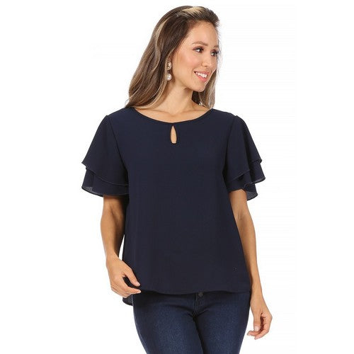 NWMB2393 Ruffle Sleeve Keyhole Blouse in Navy