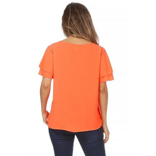 Ruffle Sleeve Keyhole Blouse in Peach