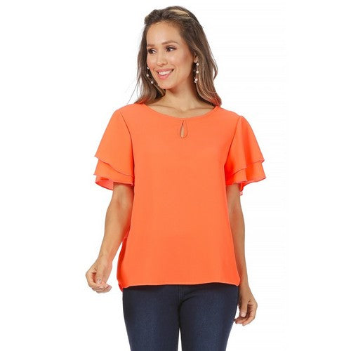 NWMB2393 Ruffle Sleeve Keyhole Blouse in Peach