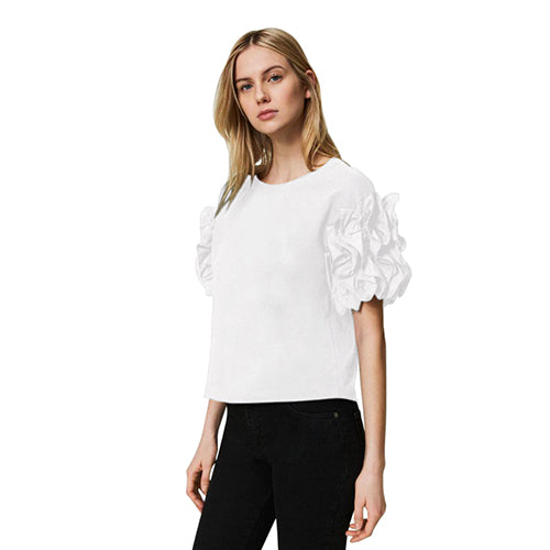 Big Flower Puff Sleeve Dressy T-Shirt in White