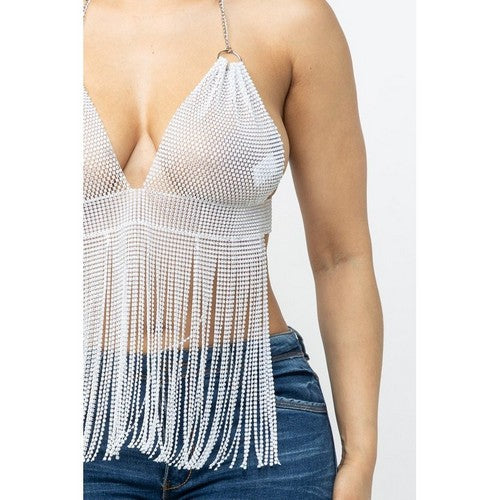 Rhinestone Fringe Halter Toр in White