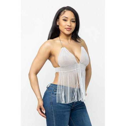 Rhinestone Fringe Halter Toр in White
