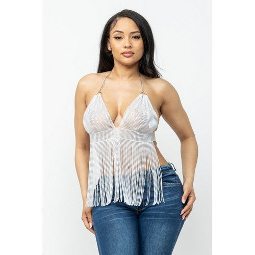 23255 Rhinestone Fringe Halter Toр in White
