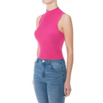 Turtleneck Cotton Rib Tank in New Fuchsia