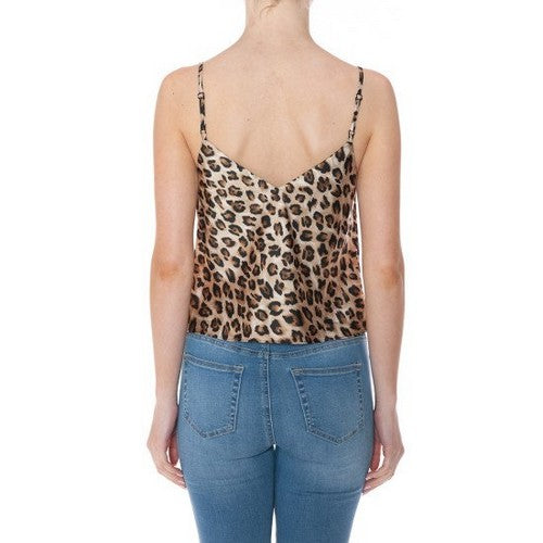 Satin Double Layer Double V Cami Vest Top in Brown Leopard