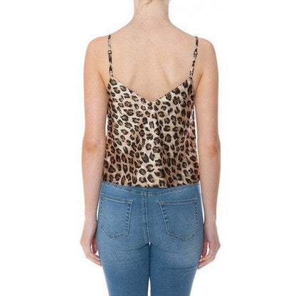 Satin Double Layer Double V Cami Vest Top in Brown Leopard
