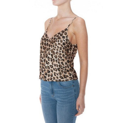 Satin Double Layer Double V Cami Vest Top in Brown Leopard