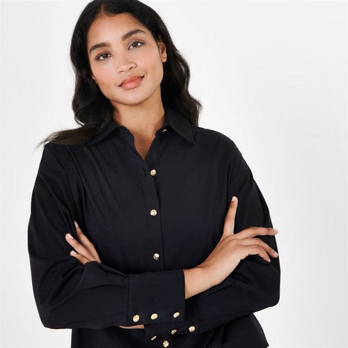 Biba Gold Medallion Button Stretch Cotton Shirt in Black