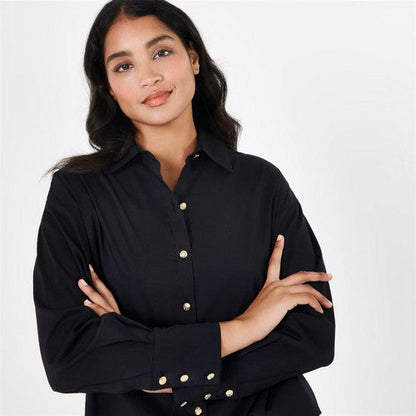 Biba Gold Medallion Button Stretch Cotton Shirt in Black