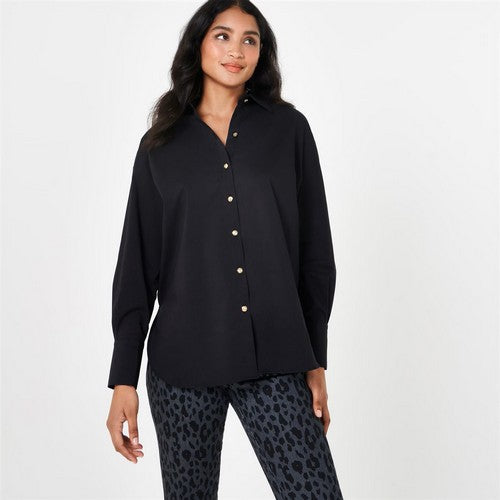 Biba Gold Medallion Button Stretch Cotton Shirt in Black
