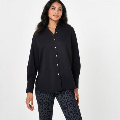 Biba Gold Medallion Button Stretch Cotton Shirt in Black