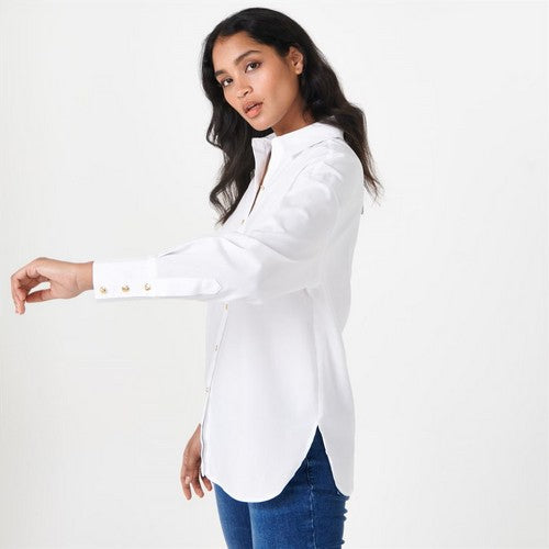 Biba Gold Medallion Button Stretch Cotton Shirt in White
