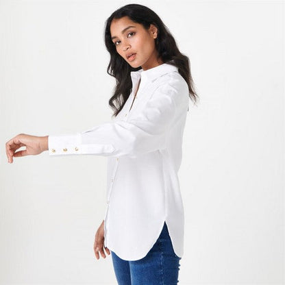 Biba Gold Medallion Button Stretch Cotton Shirt in White