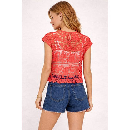 Crochet Short Sleeve Top in Coral