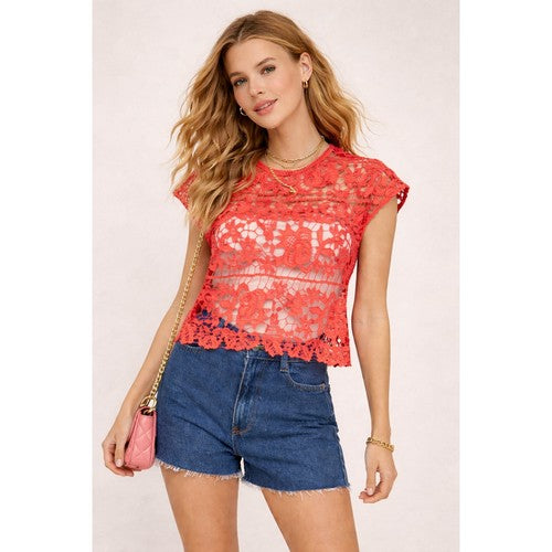 T10498U Crochet Short Sleeve Top in Coral