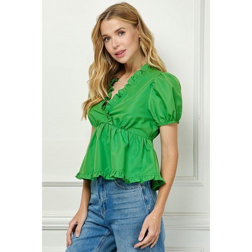 Ruffle Trim Top in Green