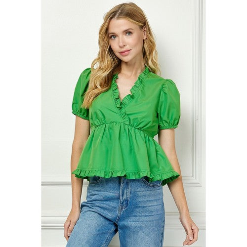 T51983WK Ruffle Trim Top in Green