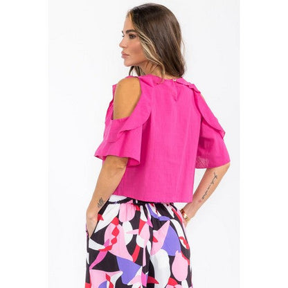 Linen-Look Cold Shoulder Rose Pin Top in Fuchsia